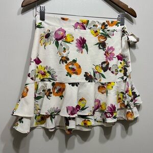 Zara Trf Silky Layered Ruffle Floral Short Mini Tie Waist Skirt Cream